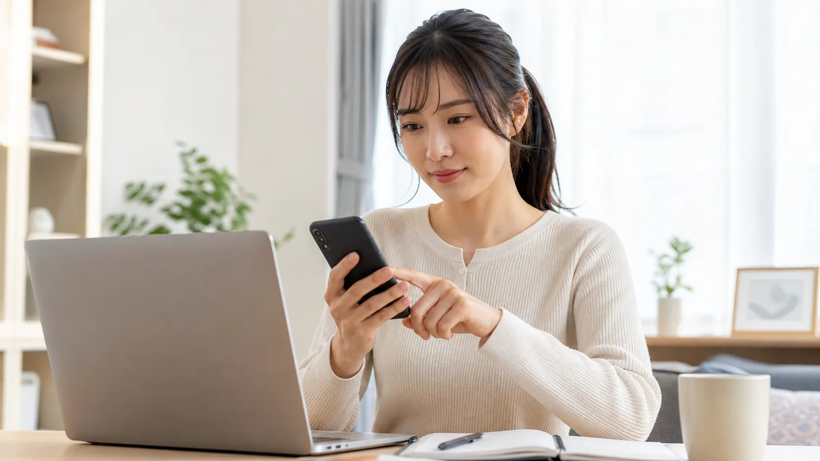発信番号と非通知設定を確認する女性