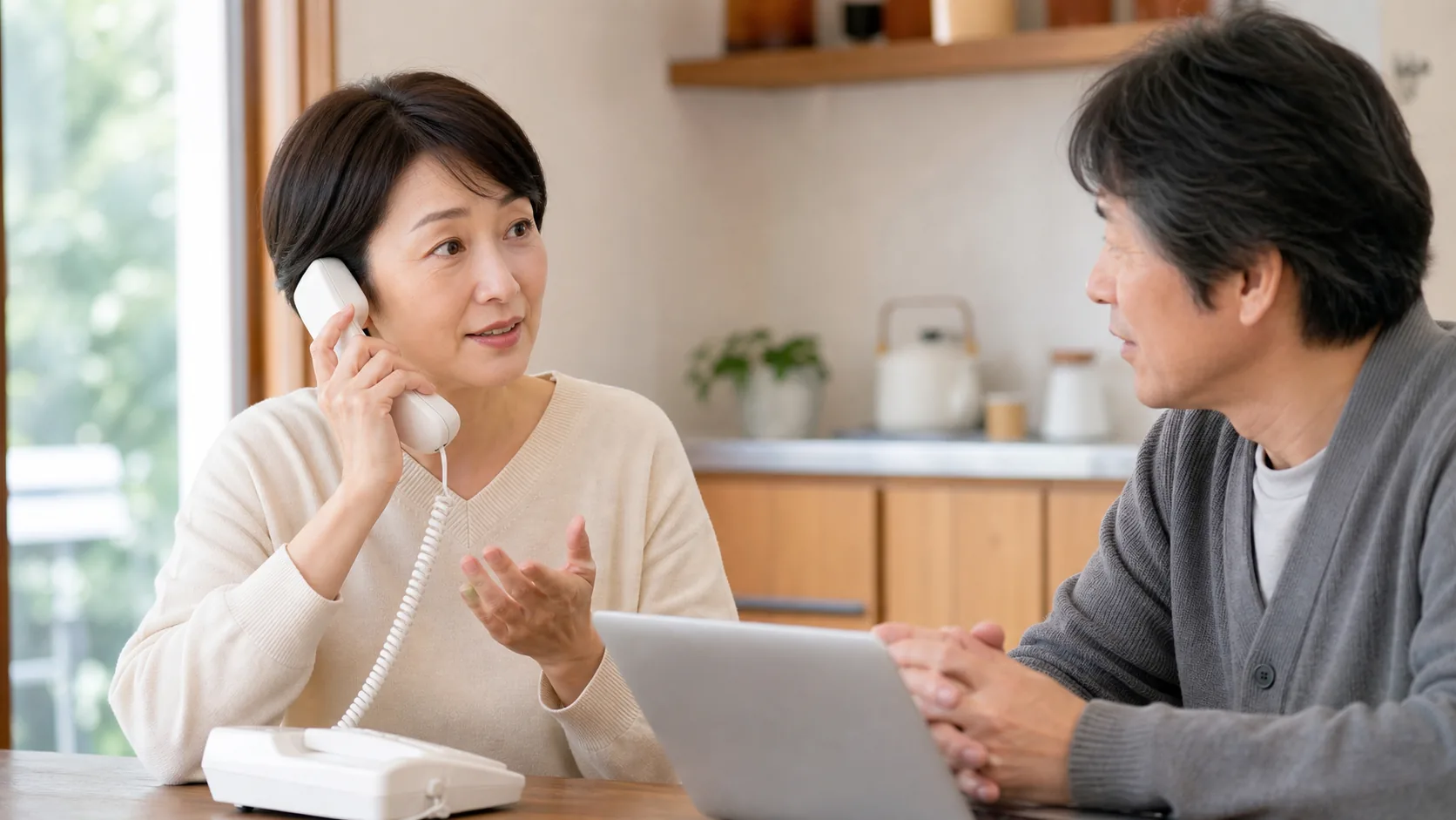 家族と共有電話について確認する女性