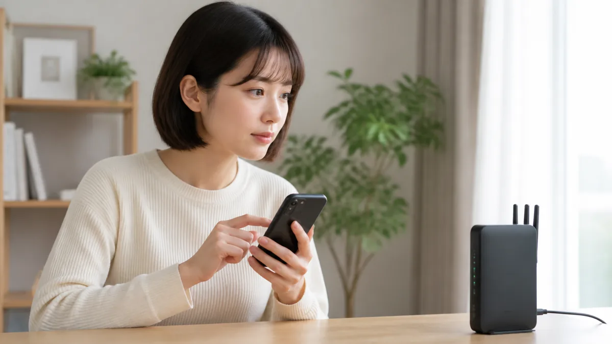 スマートフォンとWi-Fi接続を確認する女性