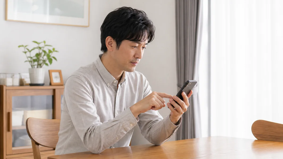 スマートフォンの更新を確認する男性