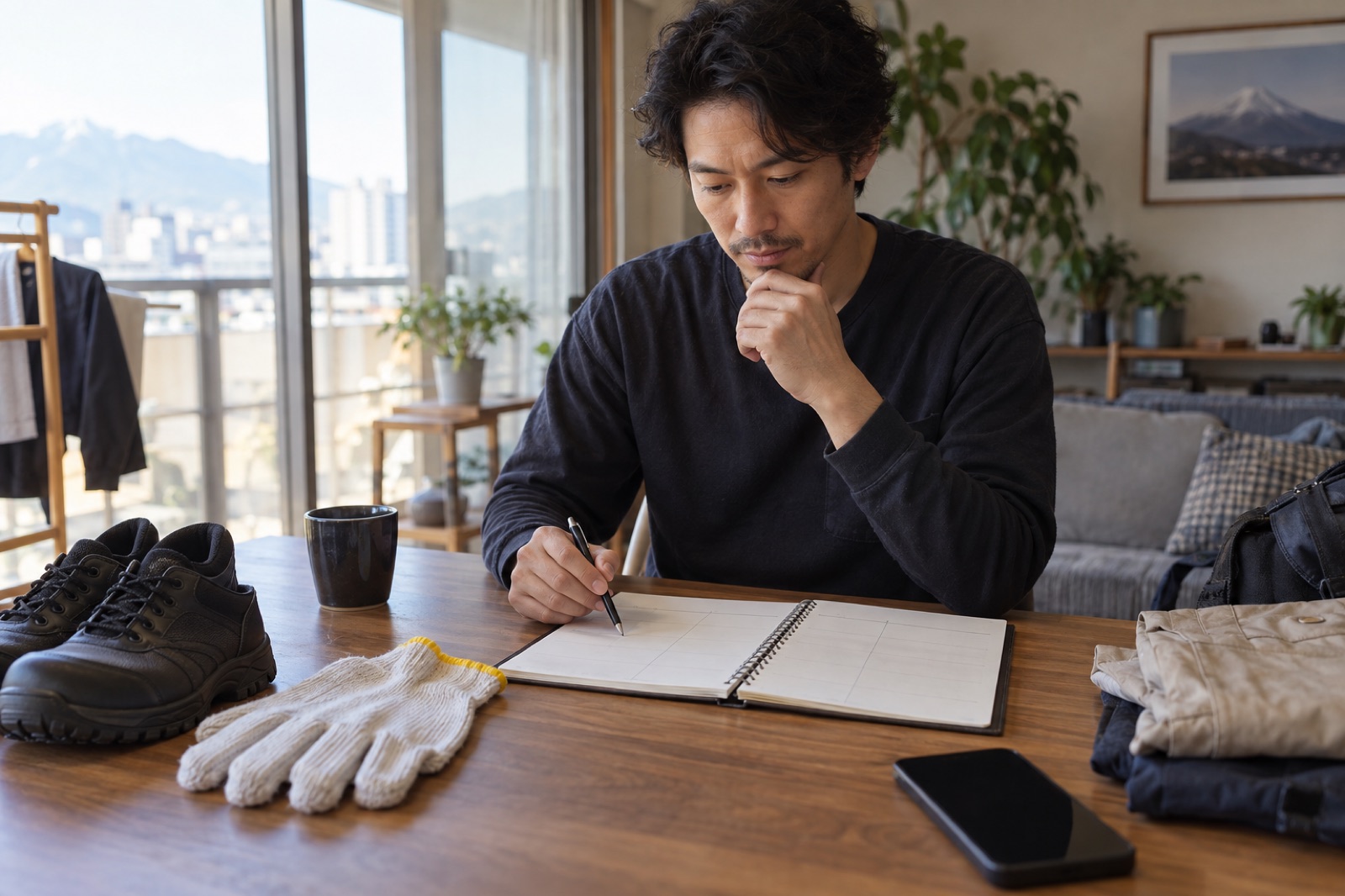 勤務条件と持ち物を確認する人