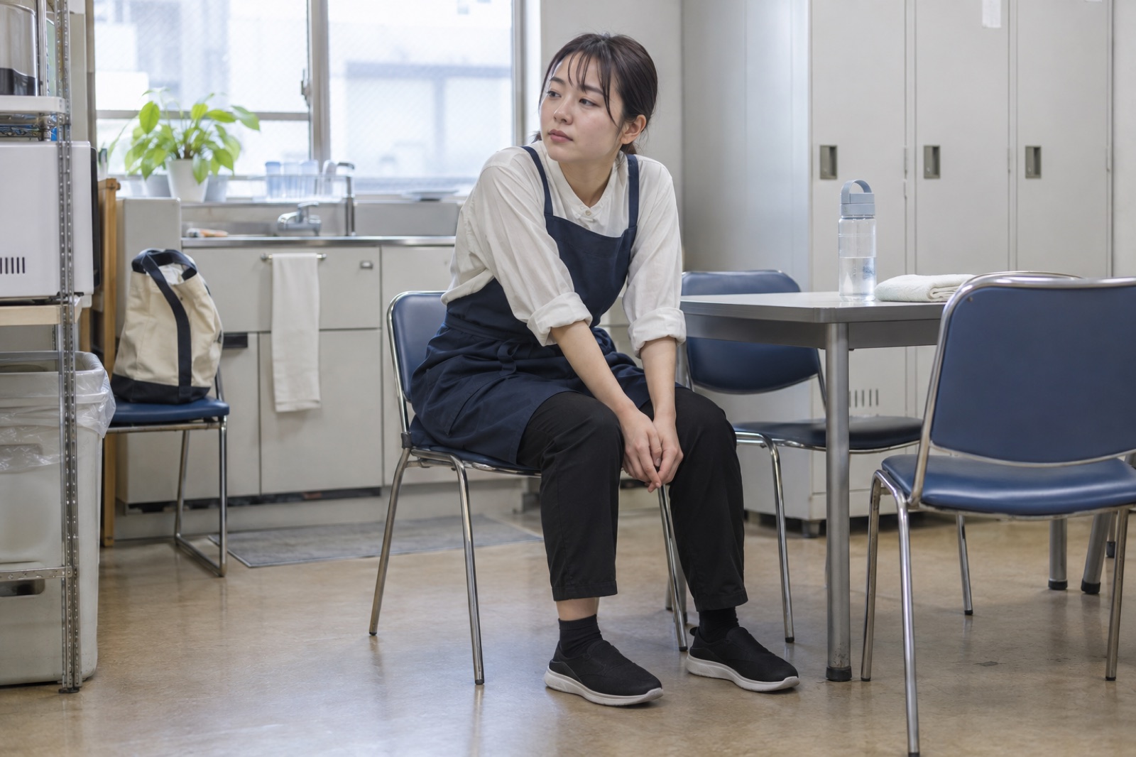 休憩中に立ち仕事の負担を考えるスタッフ