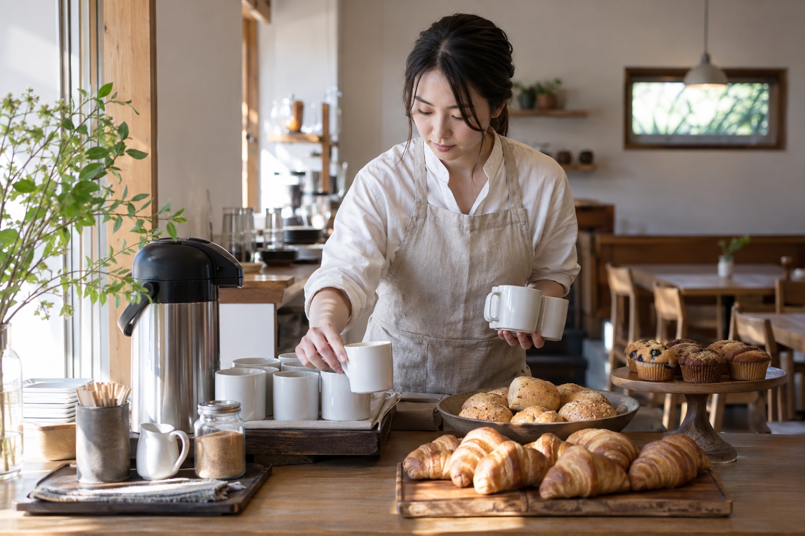 朝のカフェで飲み物の準備をするスタッフ
