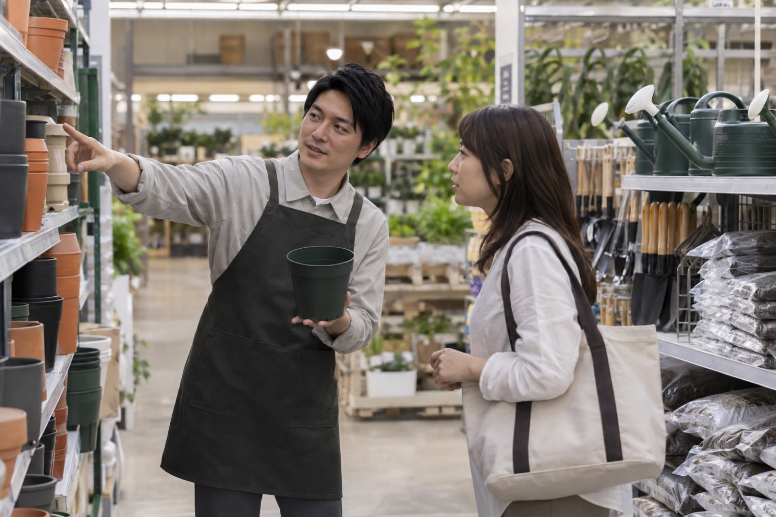 園芸用品を探すお客さまを案内するスタッフ