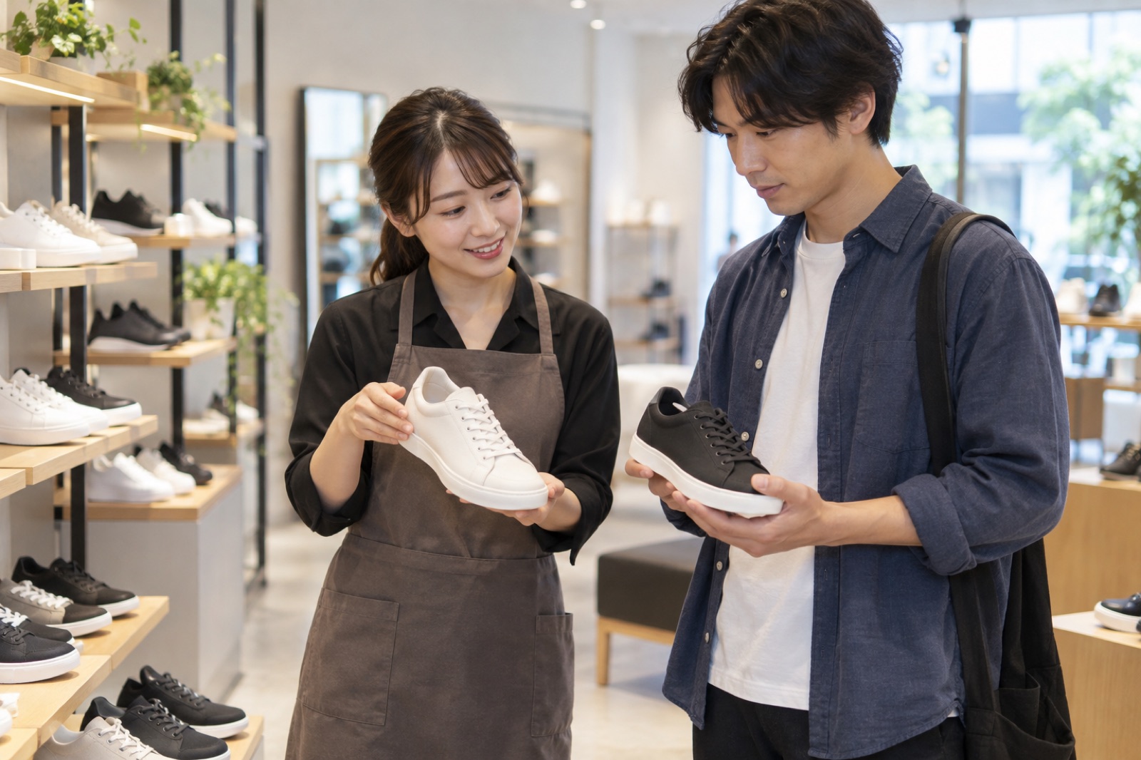 靴を比較するお客さまを接客するスタッフ