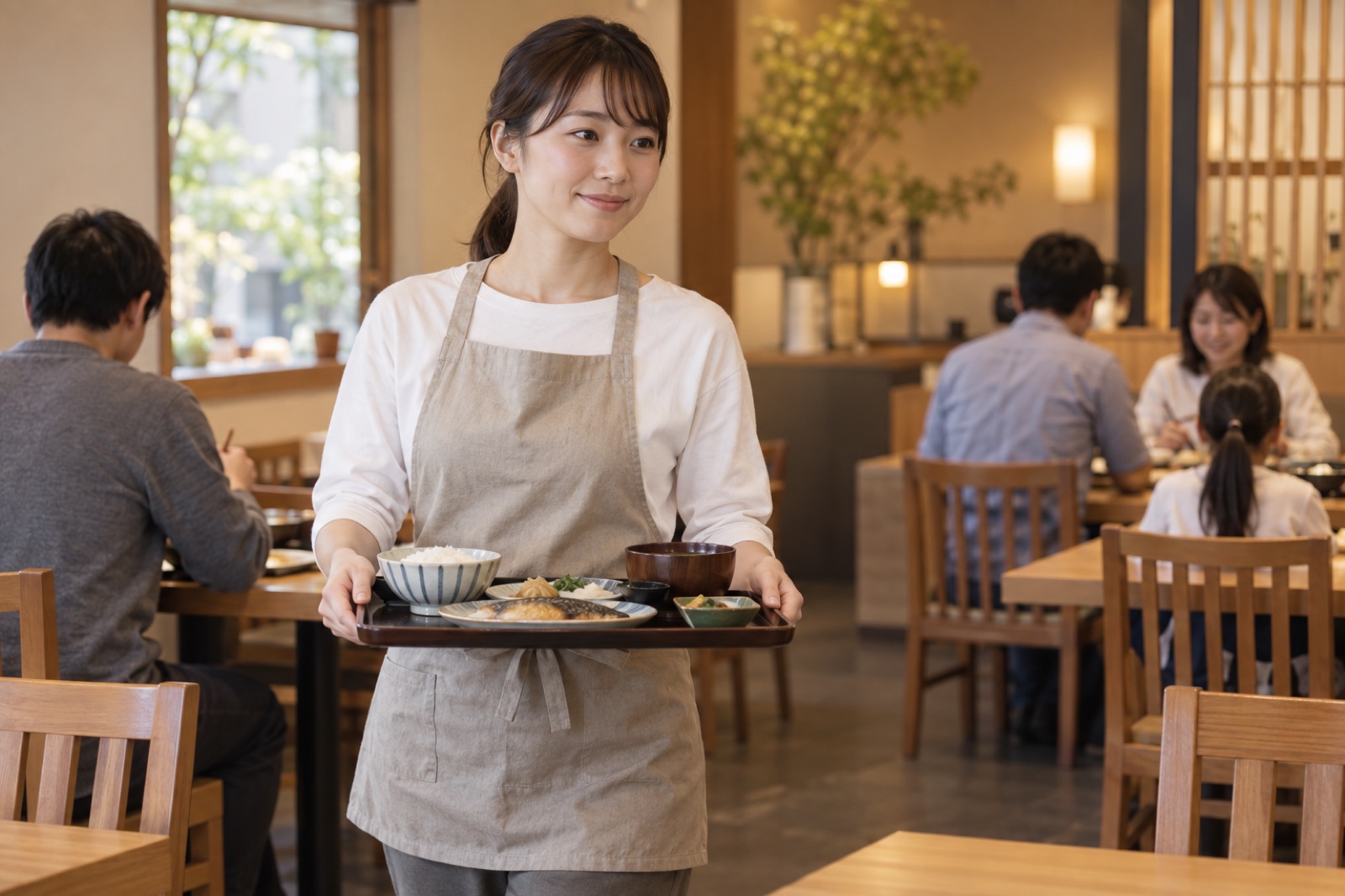 和食を運ぶフロアスタッフ