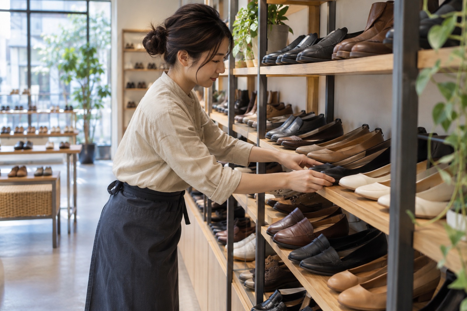靴売場で商品を整理するスタッフ