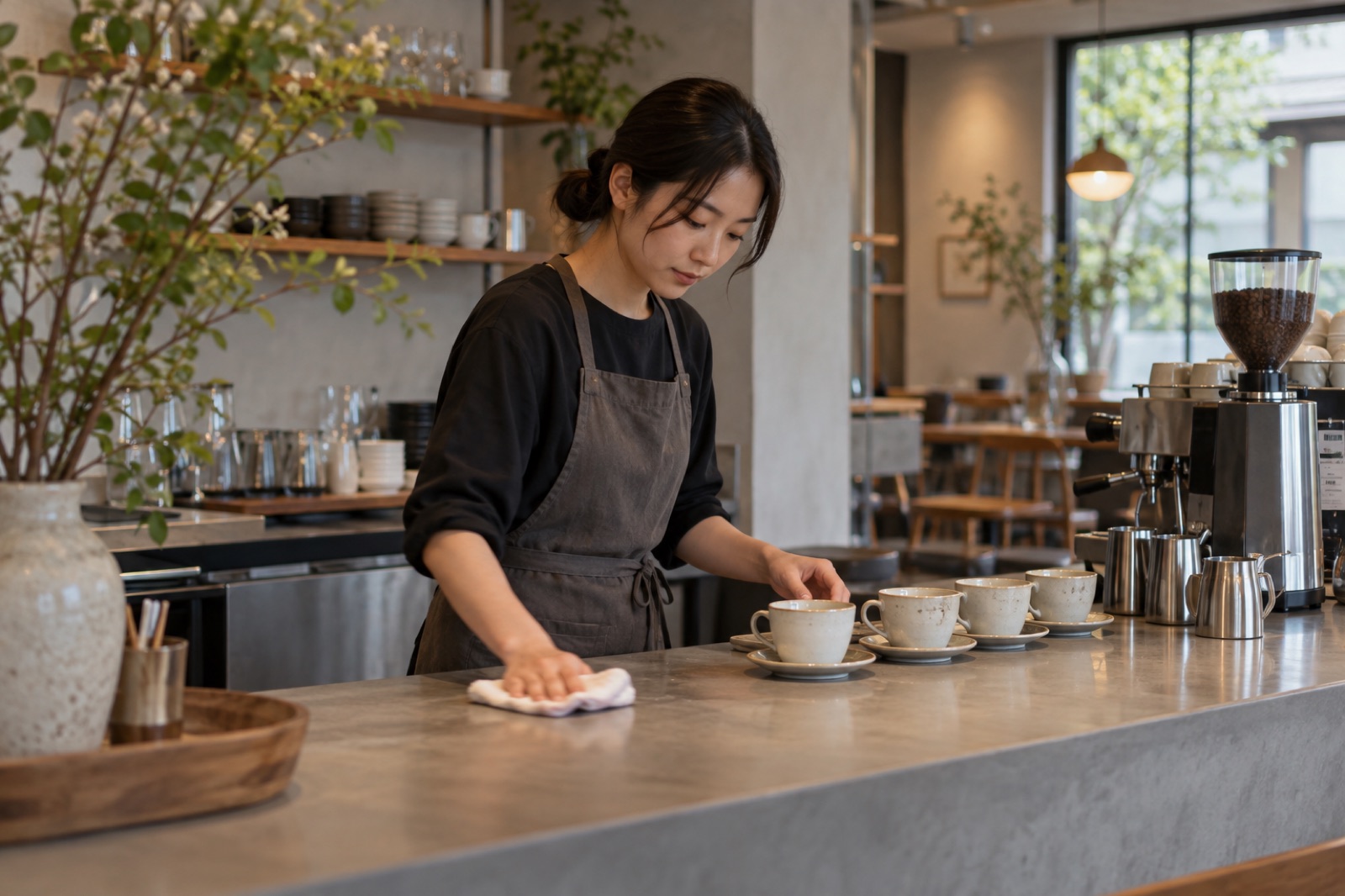 開店前にカウンターを整えるスタッフ