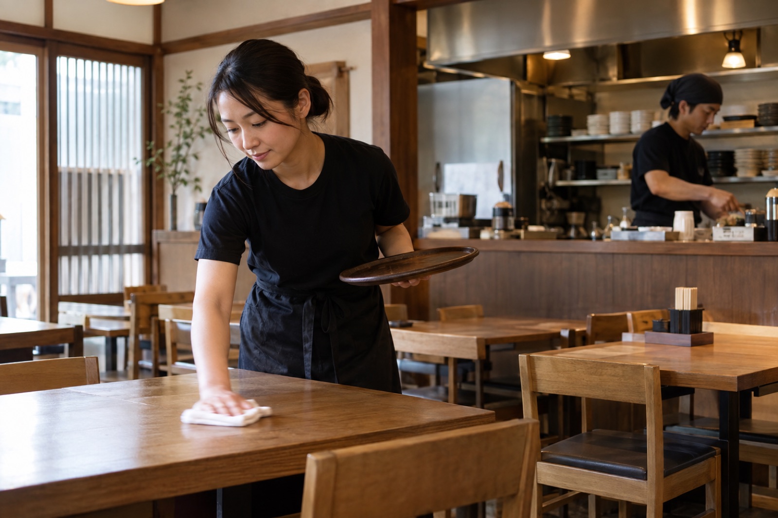 食後のテーブルを整えるスタッフ