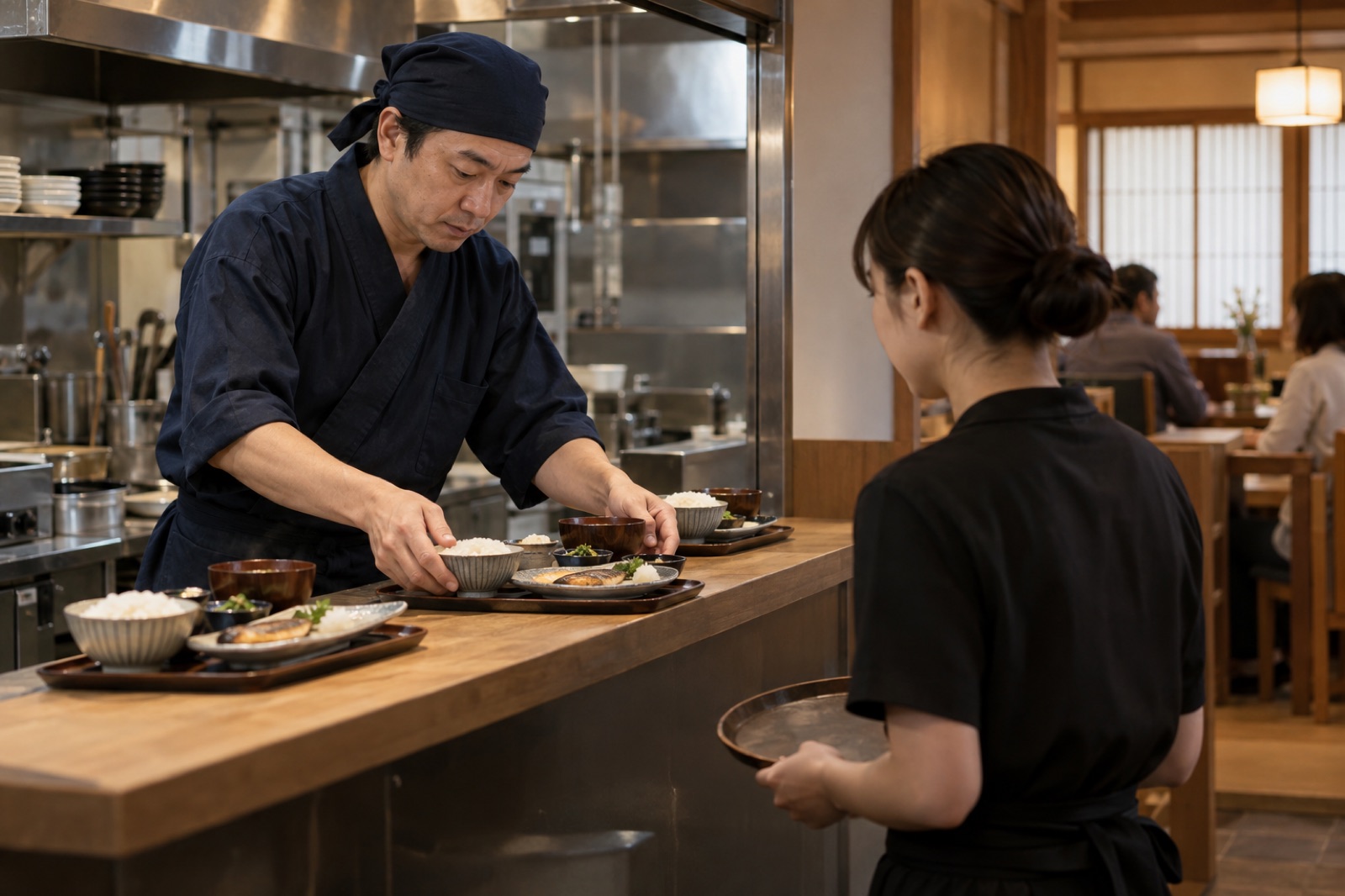 キッチンで料理を受け取るスタッフ