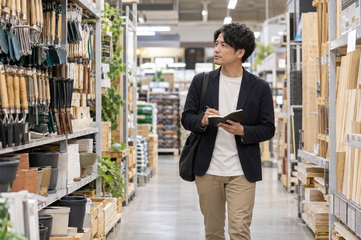 ホームセンターの売場を見て担当を検討する場面を表す生成画像