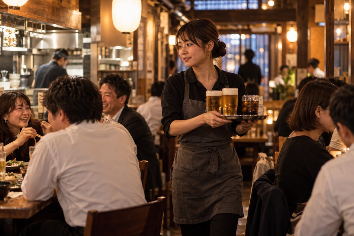 夜の居酒屋で配膳する生成イメージ