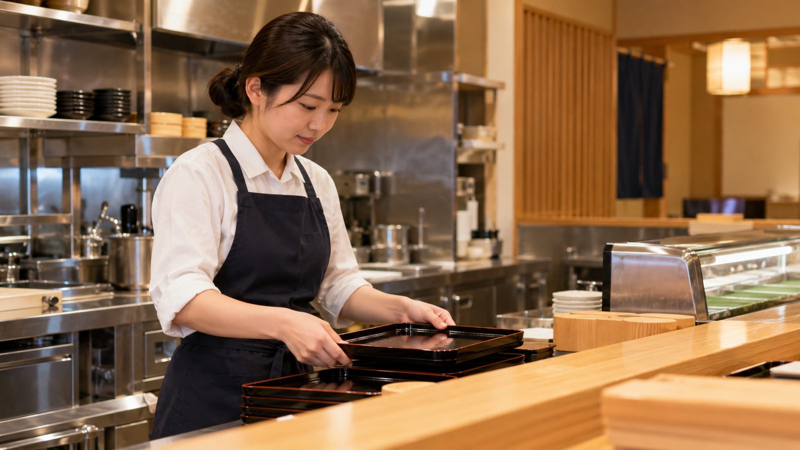 回転寿司店のカウンター作業を表すイメージ