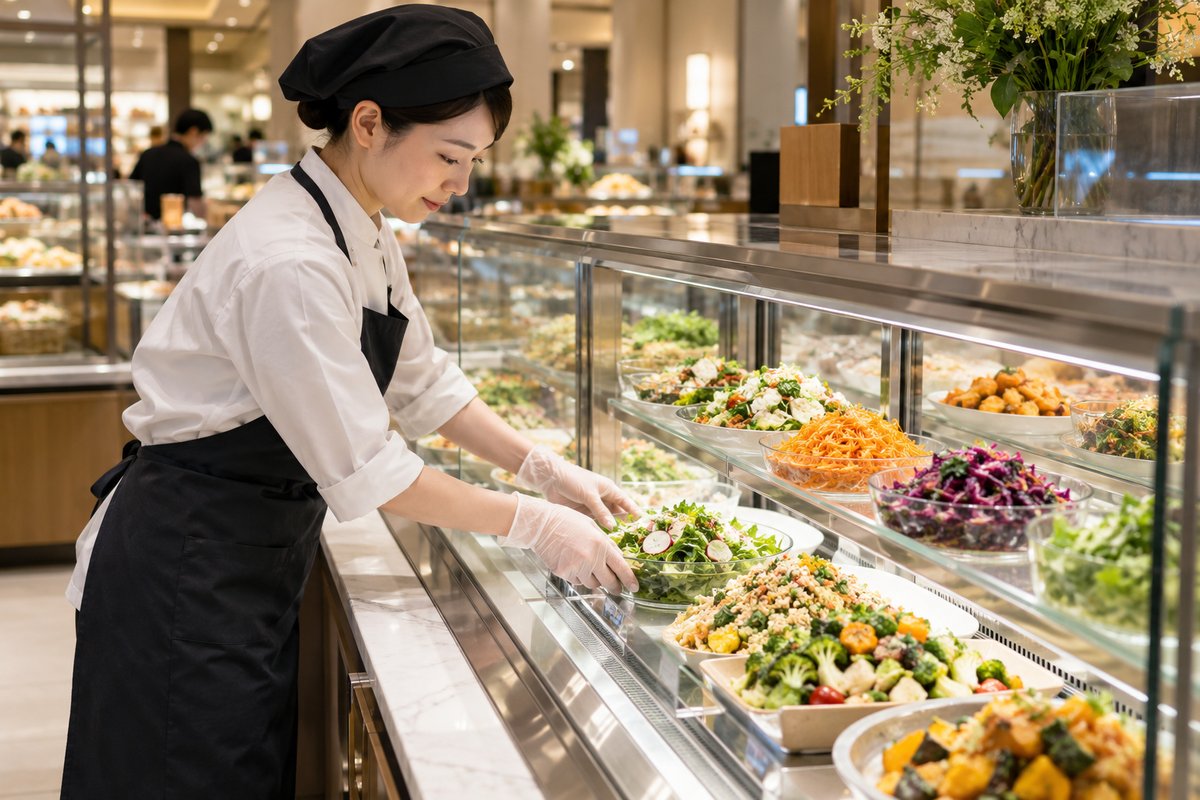 惣菜売場を整える人の生成イメージ