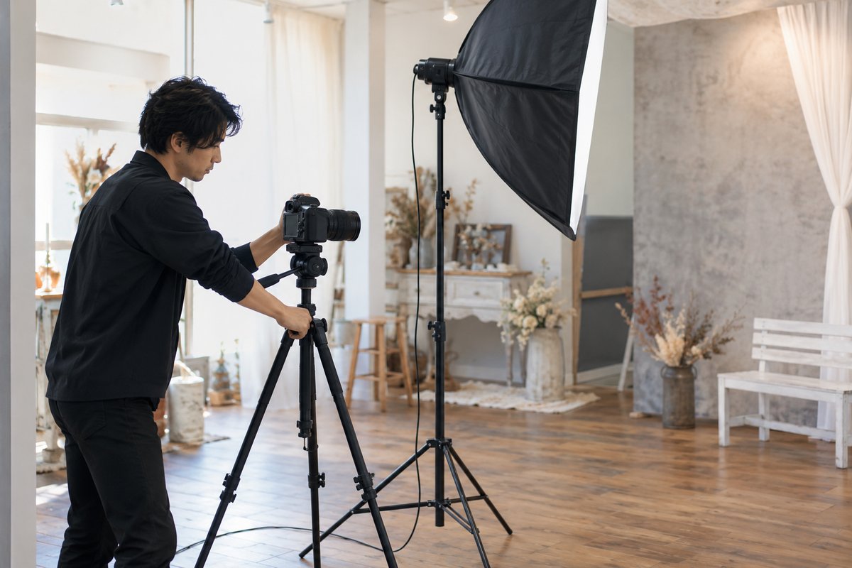 写真スタジオの撮影準備をする人の生成イメージ