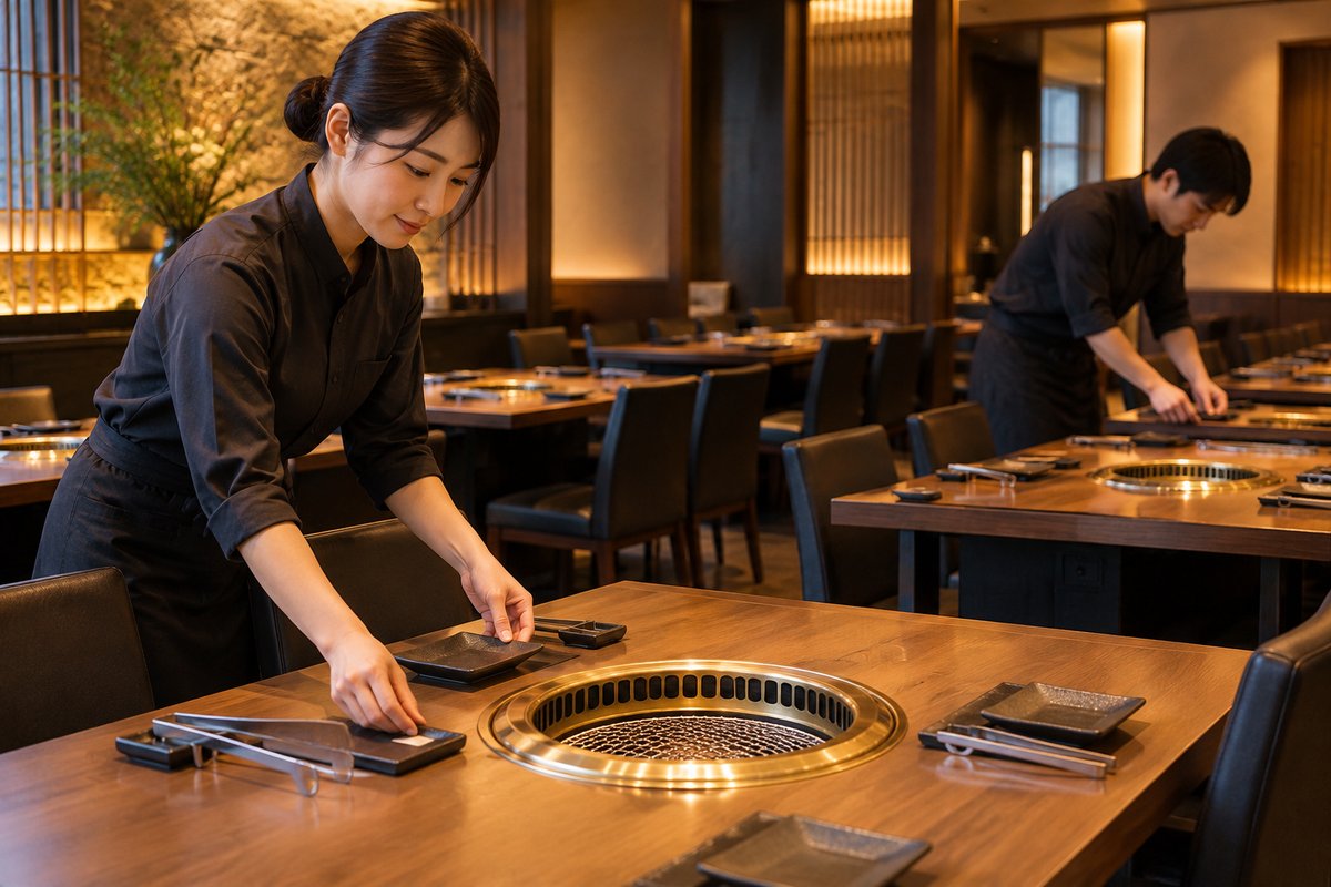 焼肉店の客席を準備する場面を表す生成画像