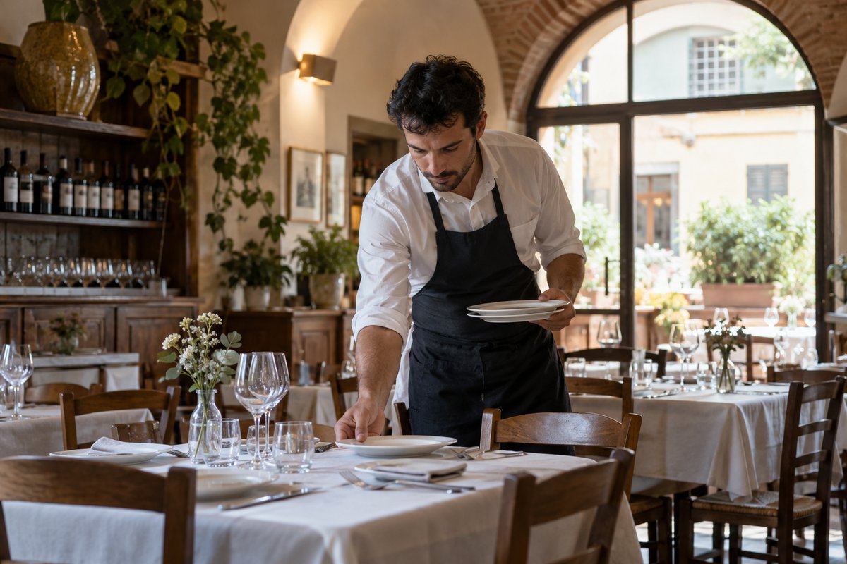イタリアン店の客席を整える人の生成イメージ
