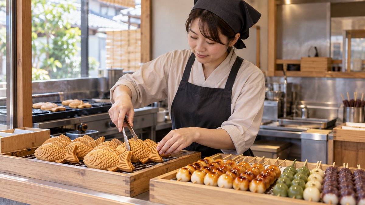 たい焼きと団子の売場を表す生成写真