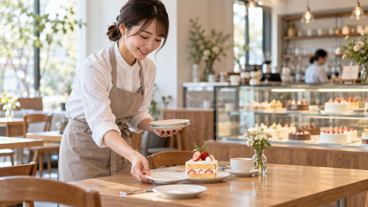 ケーキカフェの接客を表す生成写真
