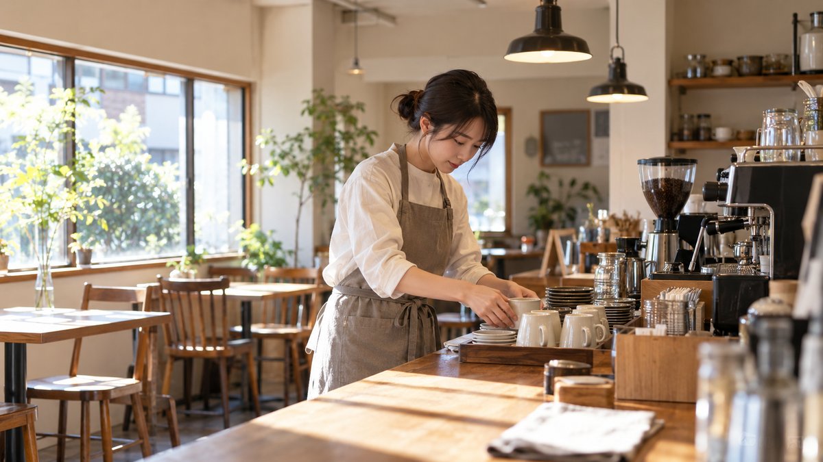 喫茶店の開店準備をする人の生成イメージ