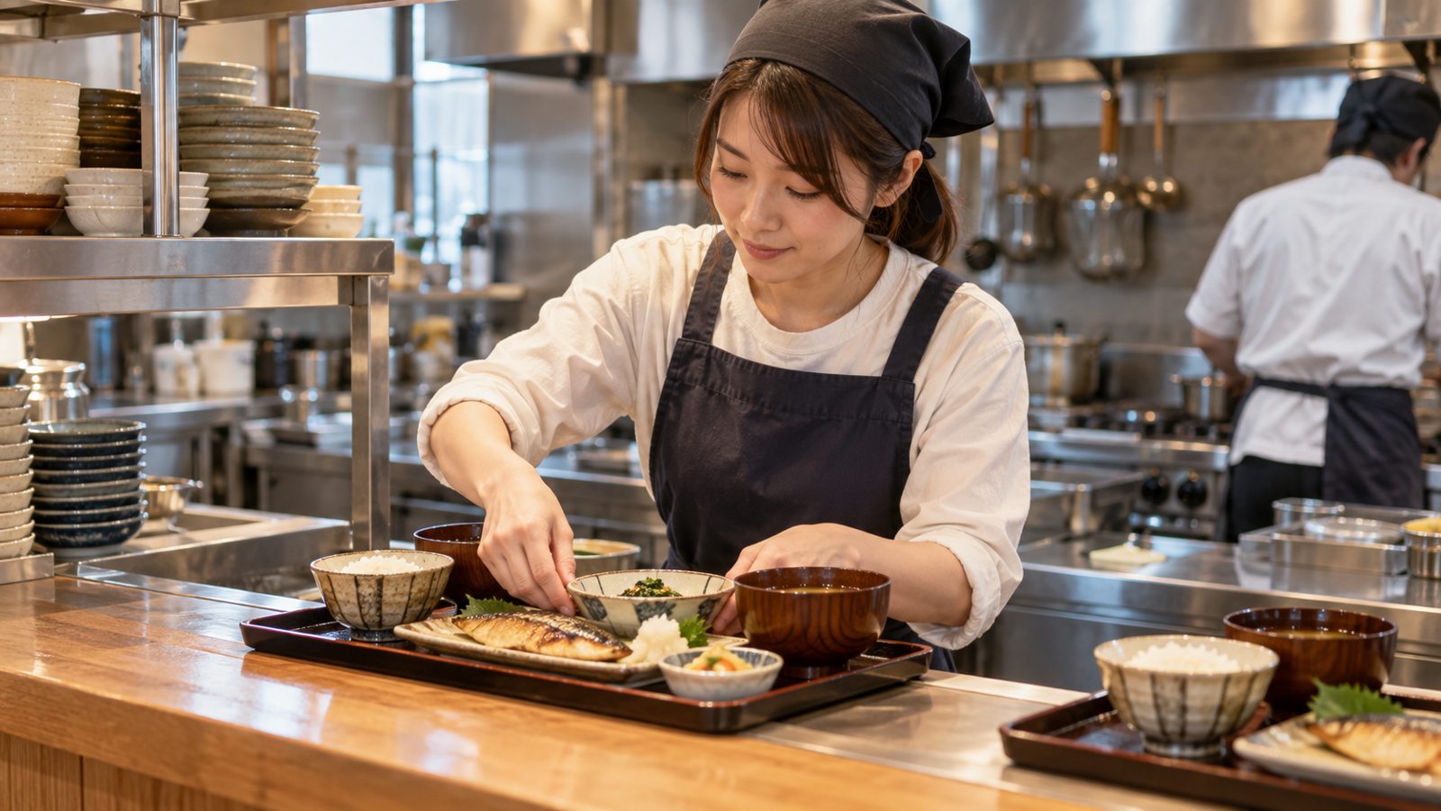 定食店で料理を準備する人のイメージ