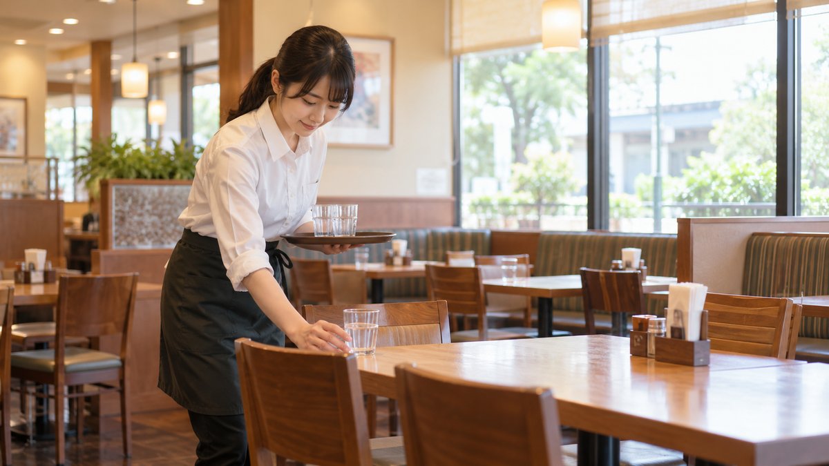 ファミリーレストランの客席を整える人の生成イメージ