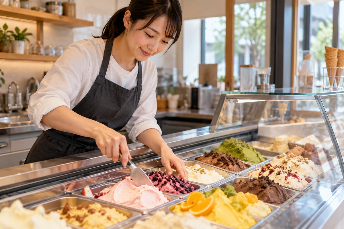 アイス店で販売準備をする人の生成イメージ