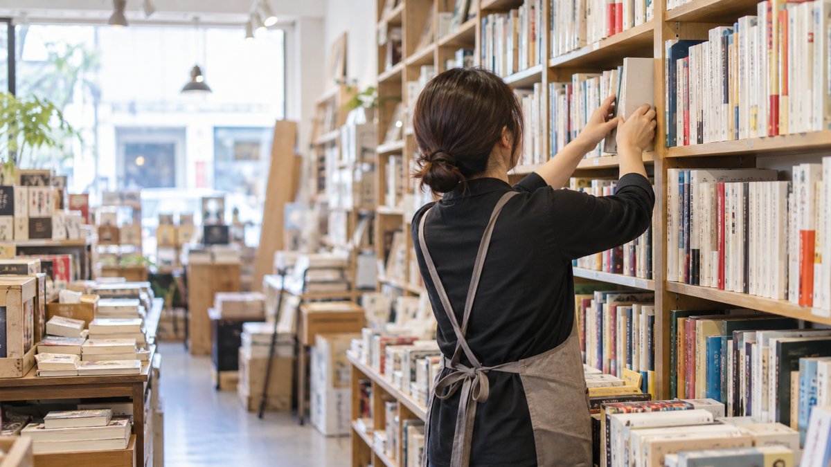 中古品店の本棚を整える人の生成イメージ