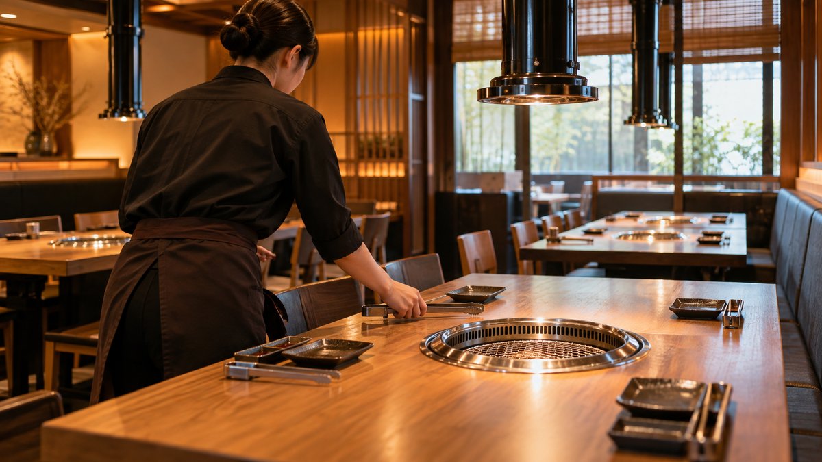 焼肉店の客席を整える人の生成イメージ