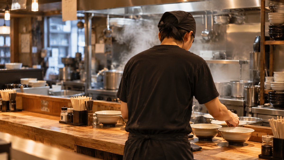 ラーメン店の客席を整える人の生成イメージ