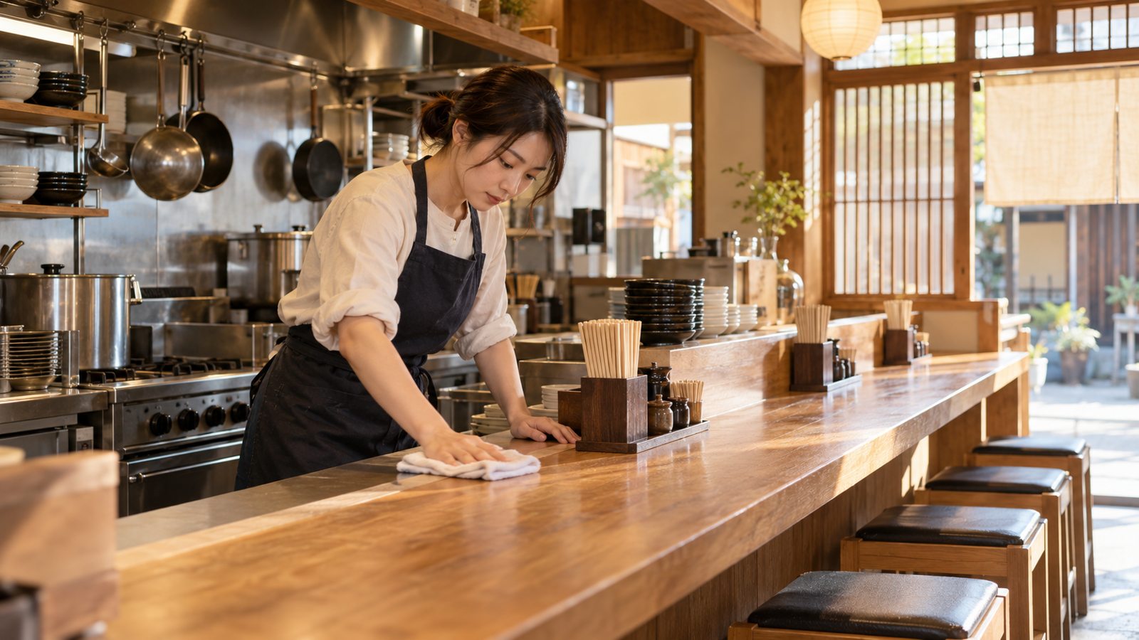 飲食店のカウンターを整える人のイメージ