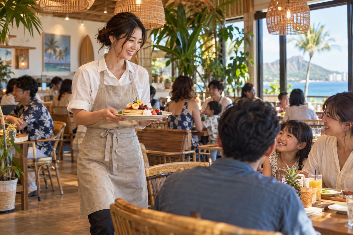 ハワイアンカフェの客席を担当する人の生成イメージ