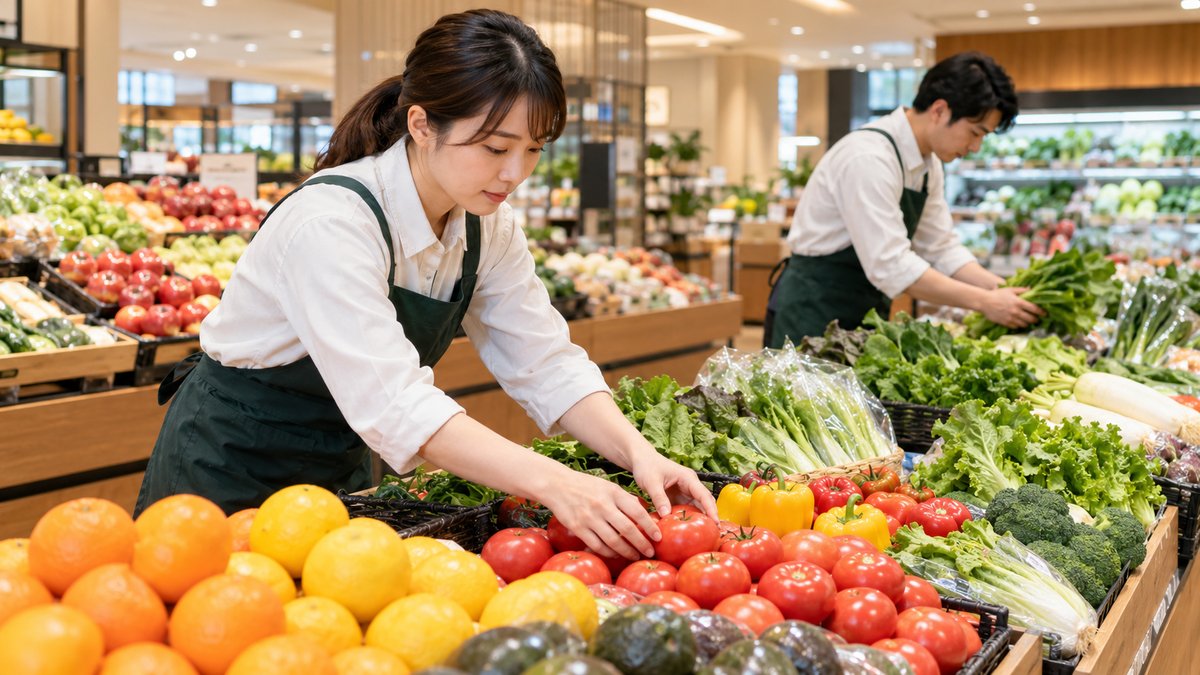 スーパーの青果売場を整える仕事の生成イメージ