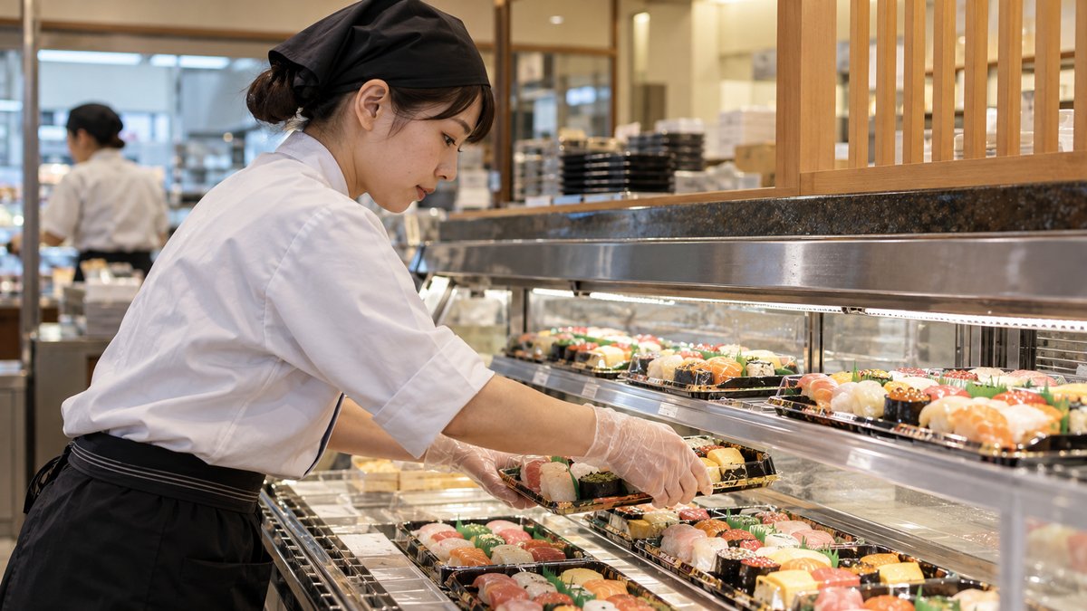 持ち帰り寿司店の売場を整える生成イメージ