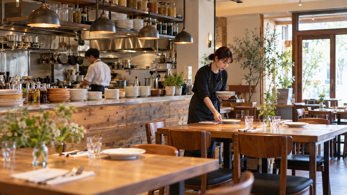 パスタ店の客席を整える仕事の生成イメージ