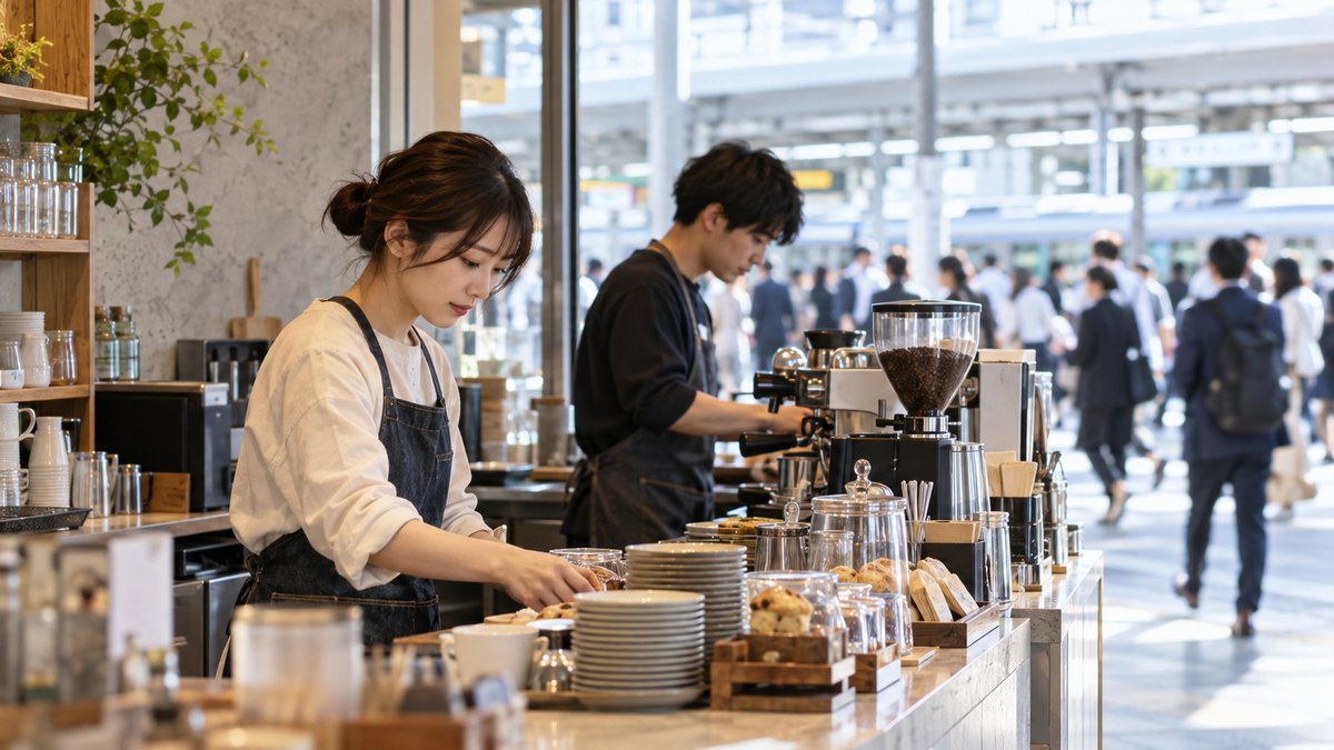 駅近くのカフェで準備する生成イメージ