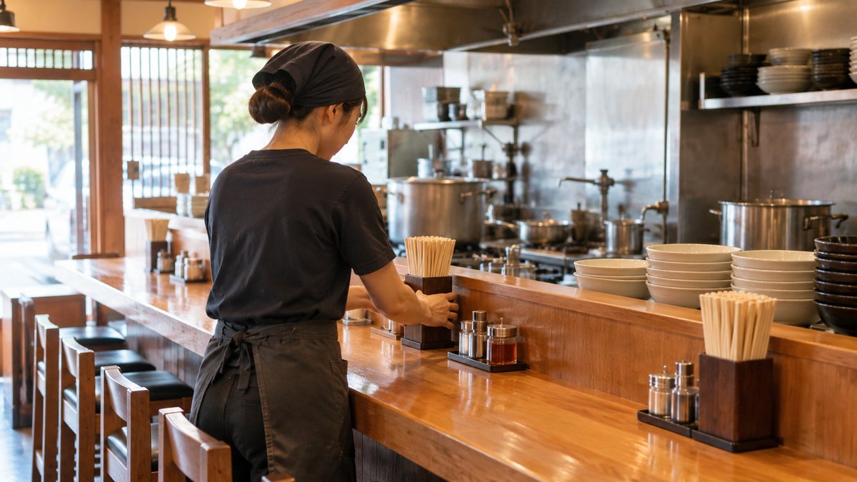 開店前のラーメン店を整える人の生成イメージ