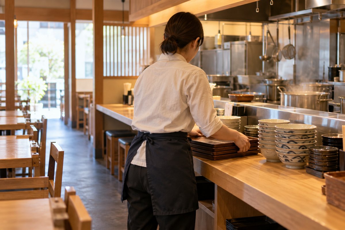うどん店の開店準備をする人の生成イメージ