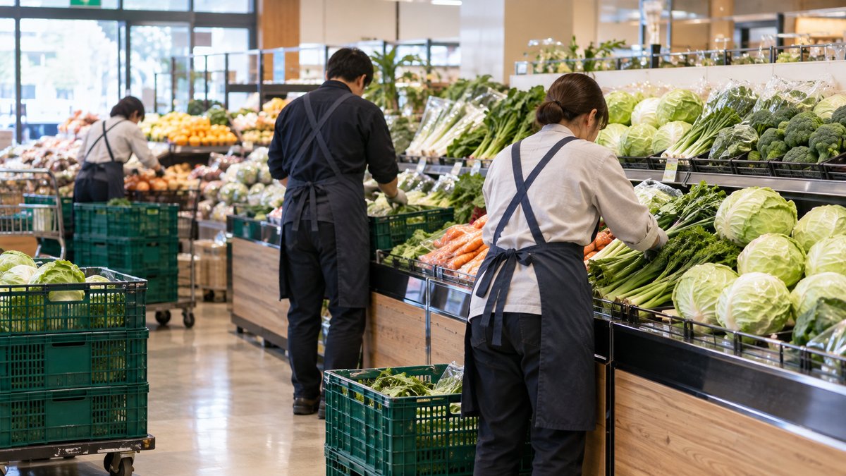 青果売場の開店準備を表す生成画像