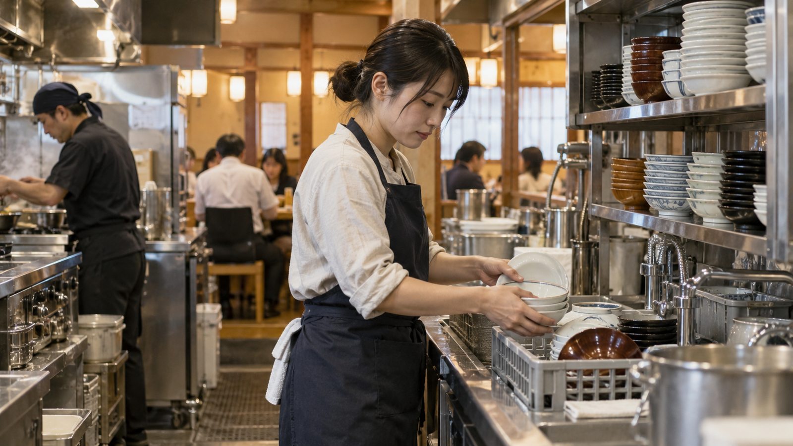 厨房で食器を整理する人のイメージ