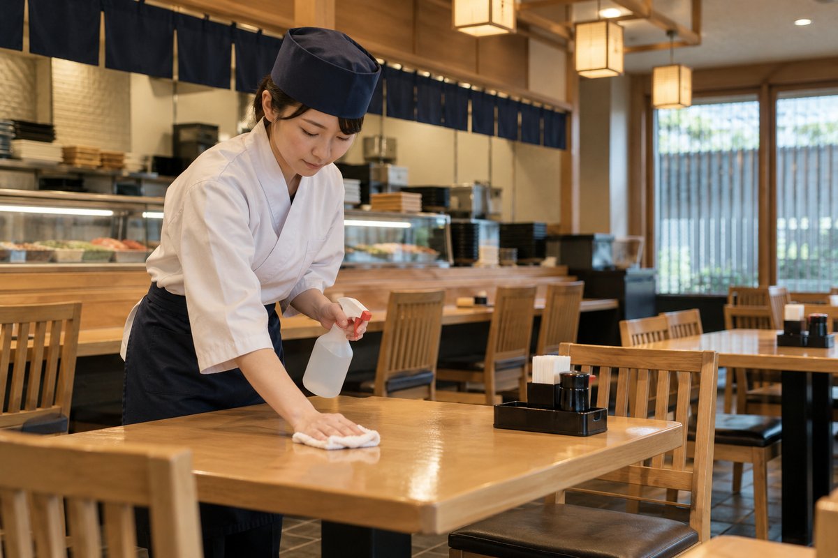 寿司店の厨房を整える人の生成イメージ
