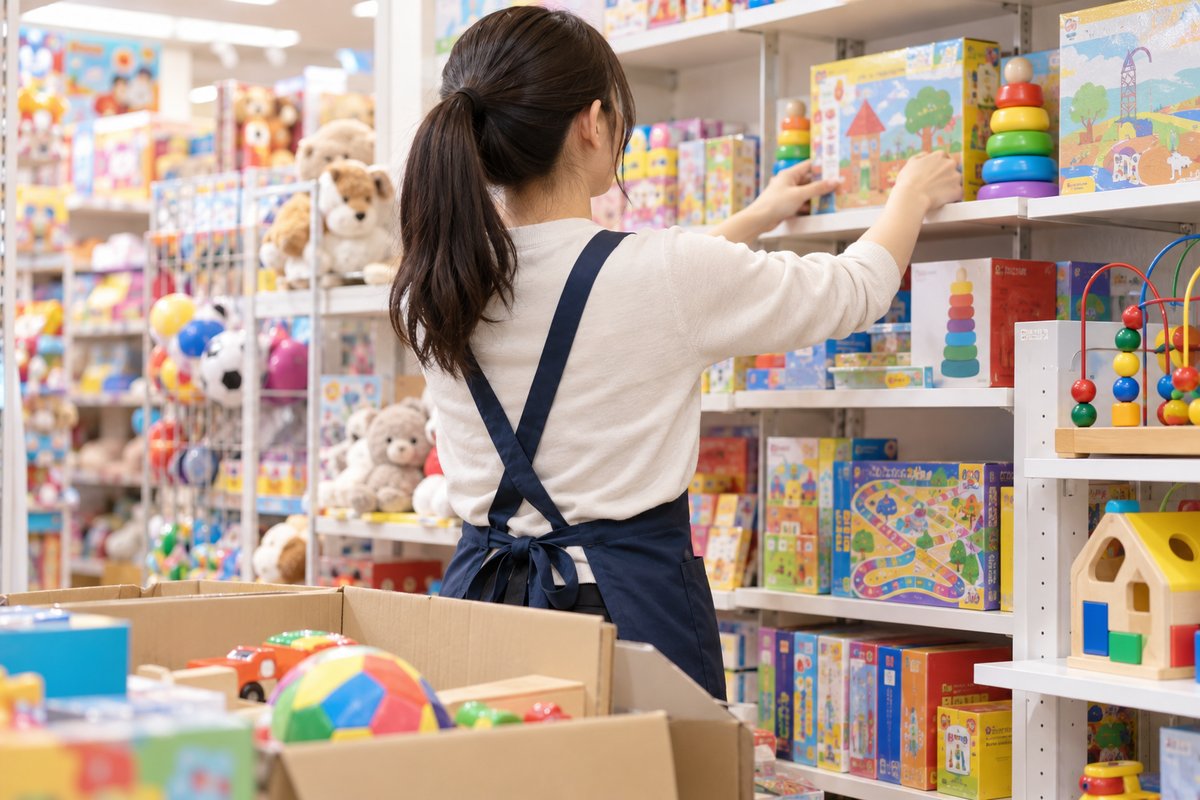 商品を棚に補充する人の生成イメージ