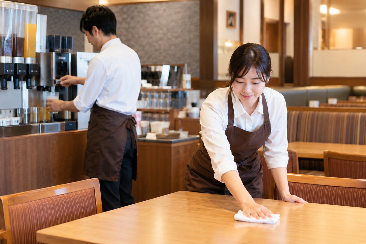 開店前の客席を準備する人の生成イメージ