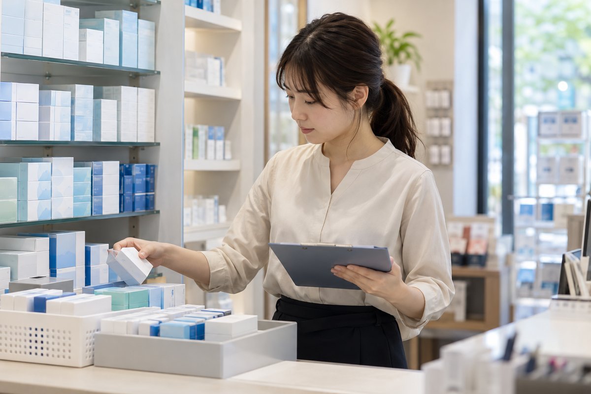 コンタクトレンズ店で商品を整理する生成イメージ